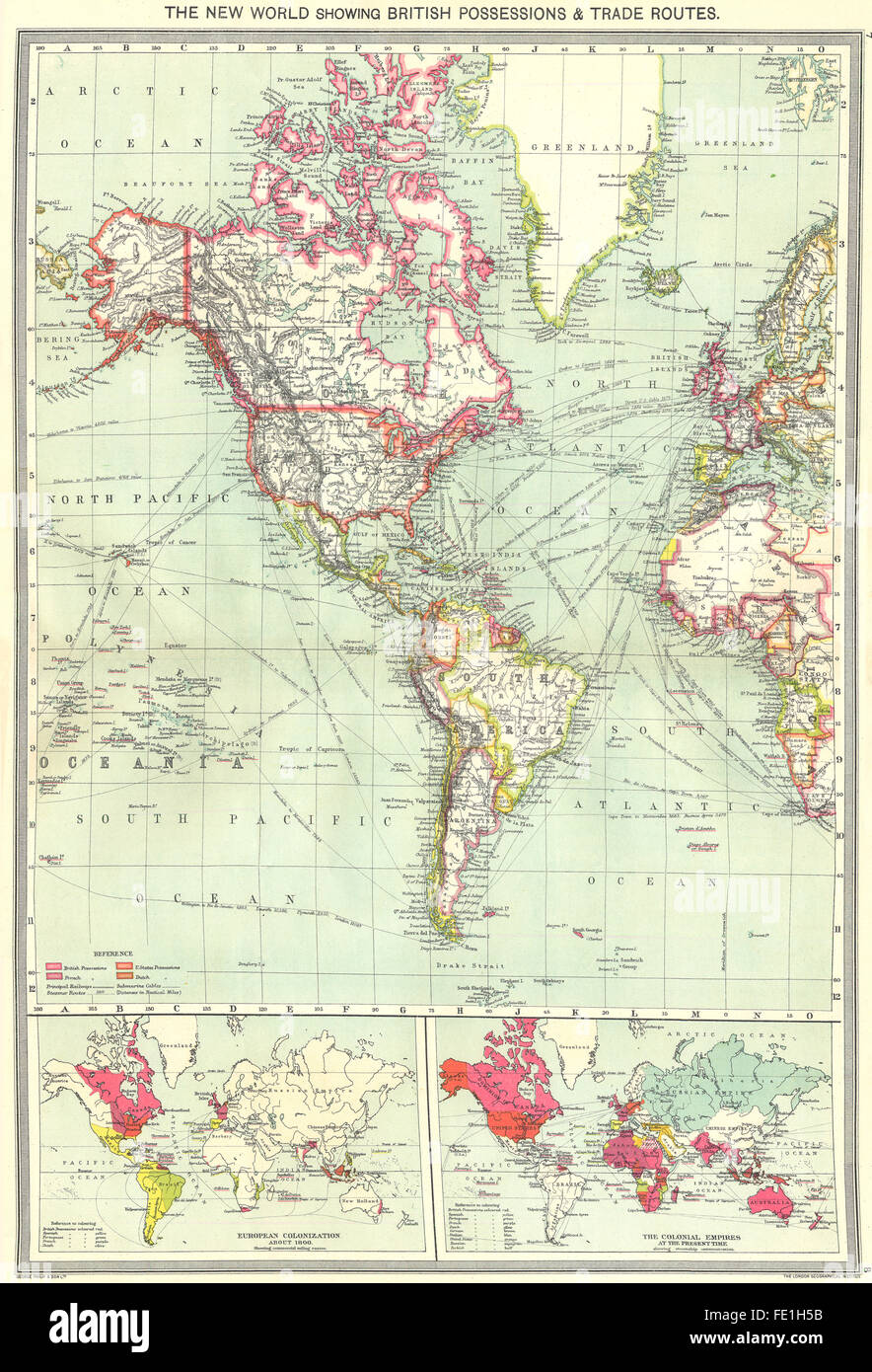 Nord-und Südamerika: Britische Kolonien Handelswege; Europäischen Besiedlung, 1907 alte Karte Stockfoto