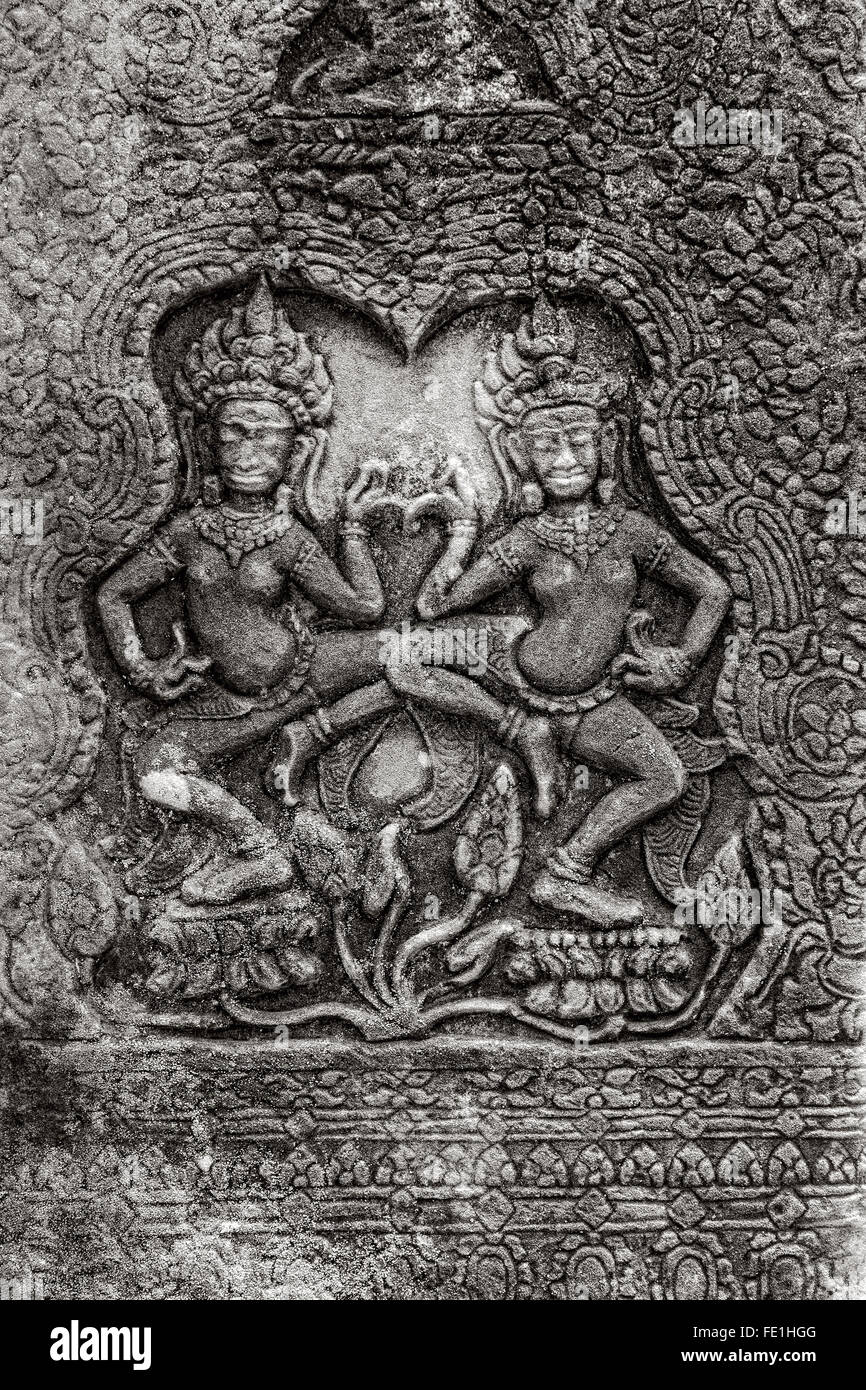 Apsara Tanz. Basrelief an den Wänden der alten Khmer Tempel von Angkor Thom. Stockfoto