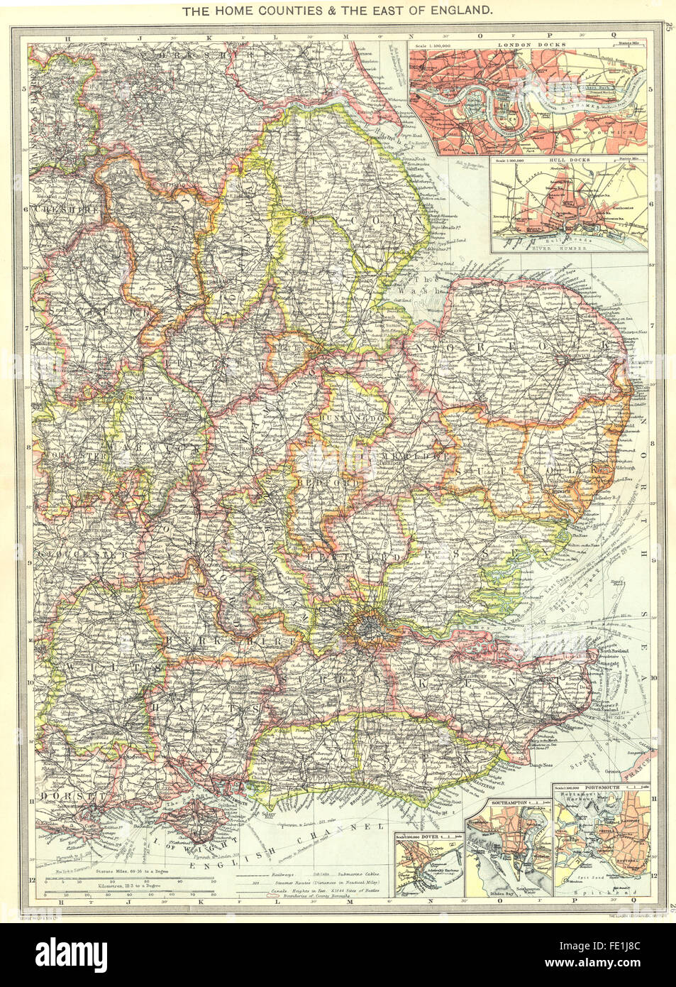 ENGLAND-Ost: London Docks; Rumpf; Dover; Southampton; Portsmouth, 1907 alte Karte Stockfoto