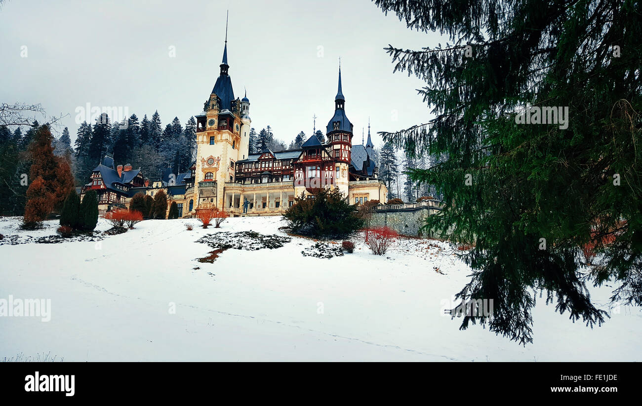 Blick auf das Schloss Peles in Sinaia, Karpaten, Rumänien während der Wintersaison. Stockfoto