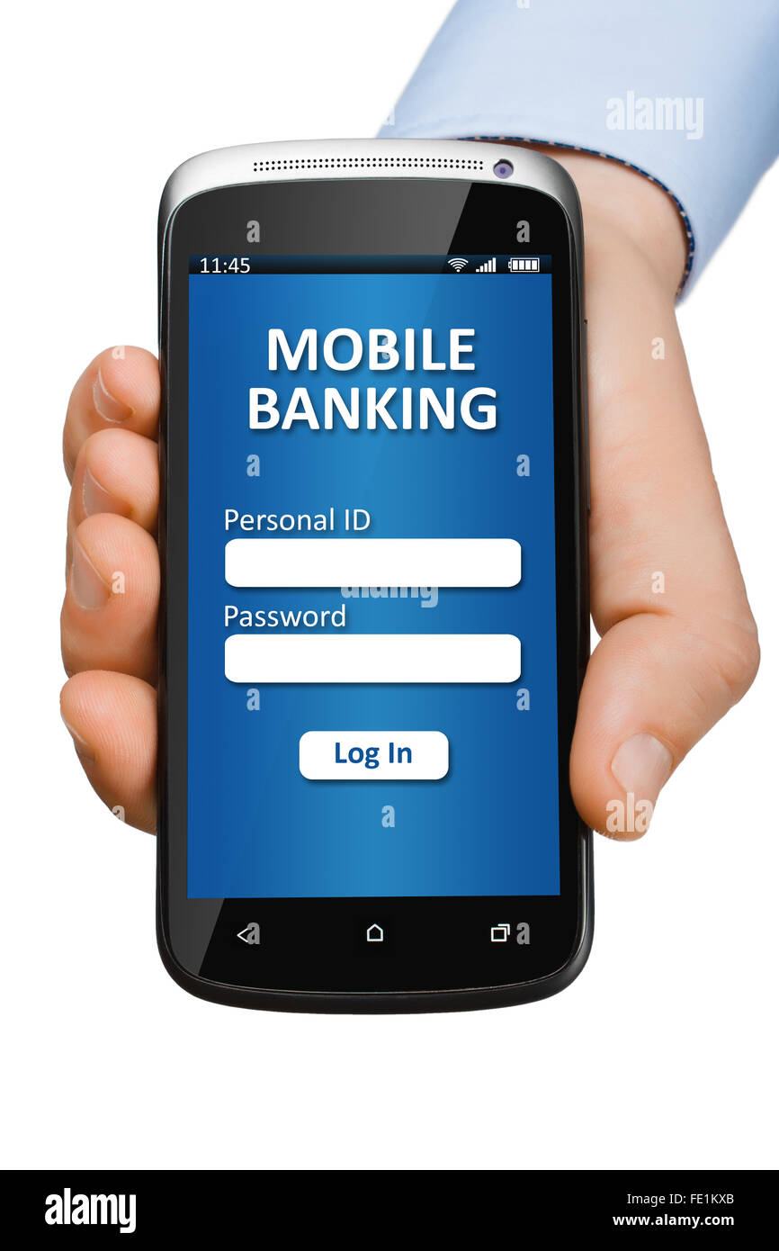 Hand, die eine Smartphone mit offenen Banking-Anwendung Stockfoto