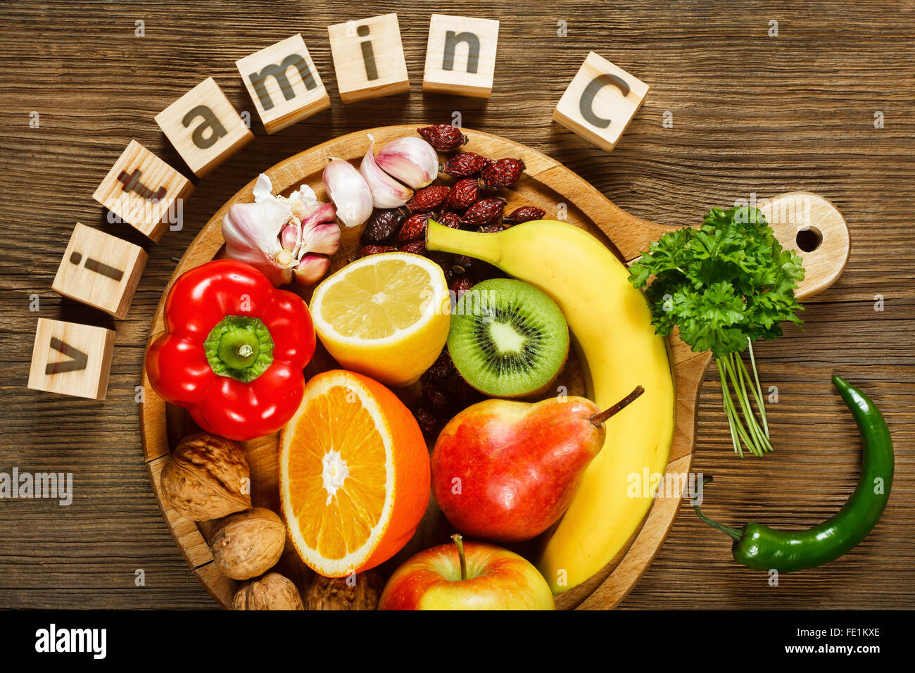 Vitamin C in Obst und Gemüse. Natürliche Produkte, die reich an Vitamin C Stockfoto