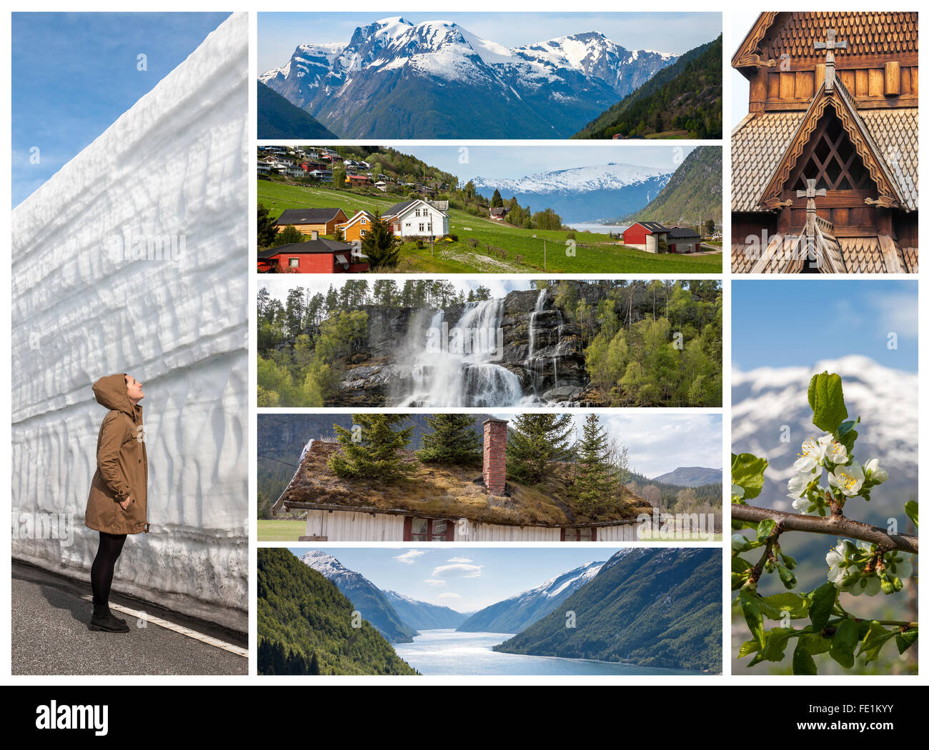 Die Collage der norwegischen Naturlandschaften im Frühjahr Stockfoto