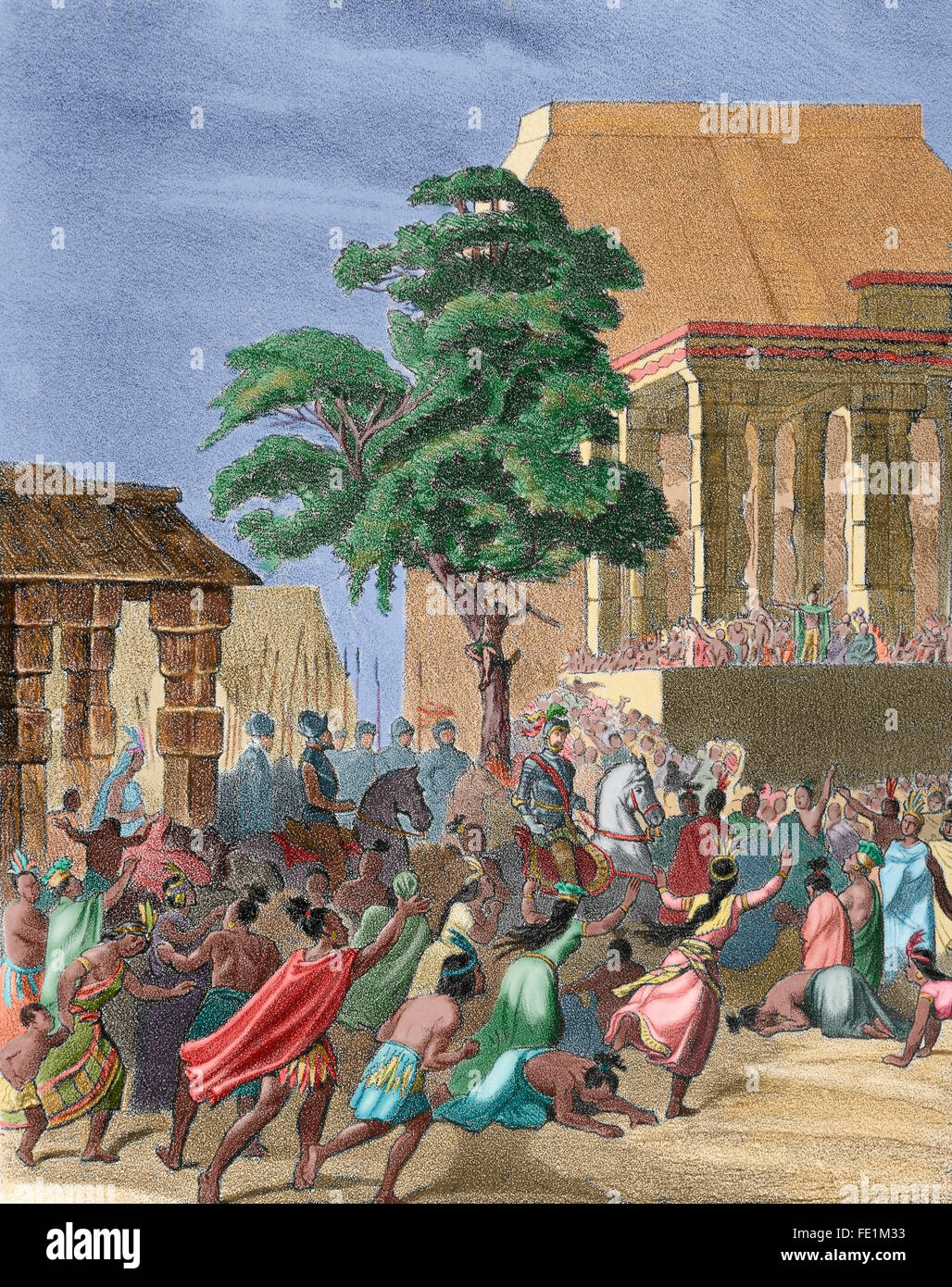 Spanische Eroberung des Aztekenreiches (1519-1521). Spanier finden Regufe in Tlaxcala, nachdem ein Großteil der Opfer kämpfen gegen die Azteken in der Schlacht von Otumba im Jahre 1520 erlitt. Gravur auf "Historia de España", 19. Jahrhundert. Farbige. Stockfoto