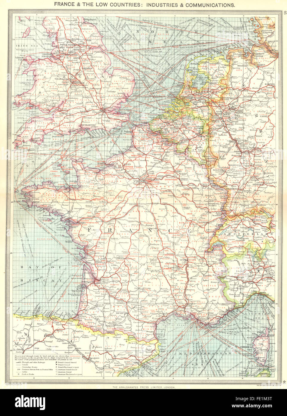 Frankreich: & niedrige Länder: Branchen & Kommunikation, 1907 Antike Landkarte Stockfoto