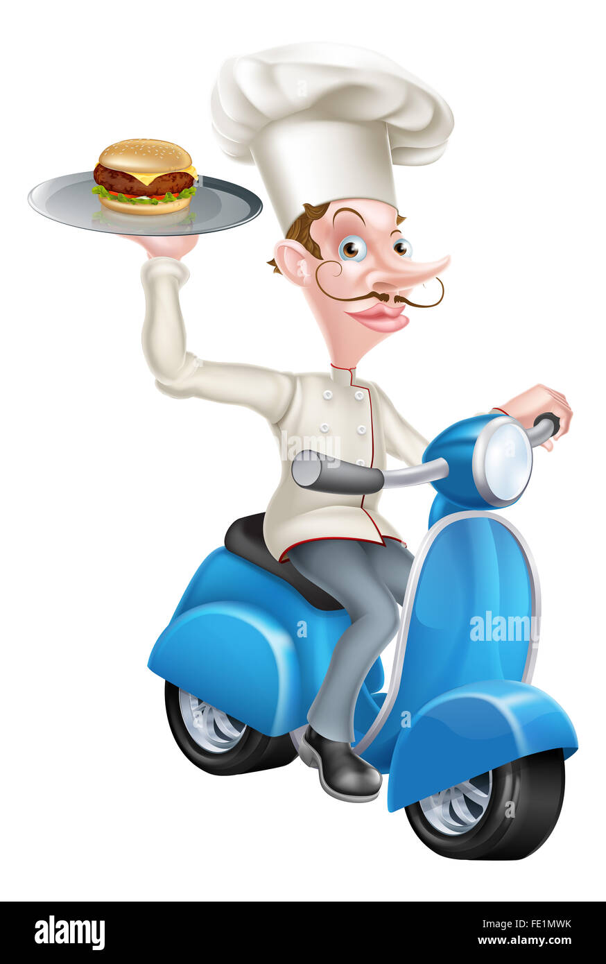 Eine Illustration von Cartoon Chef auf Roller Moped liefern Burger Stockfoto