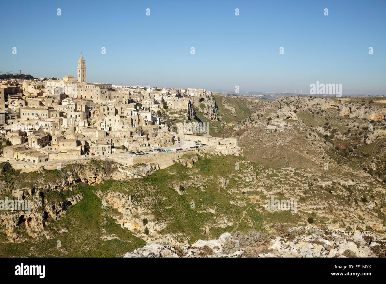 Blick über Matera und Murgia Nationalpark, Matera, Basilikata, Italien Stockfoto