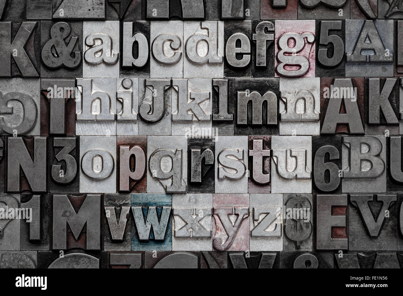 Buchstaben des Alphabets in alten Kleinbuchstaben Metall Buchdruck Stockfoto