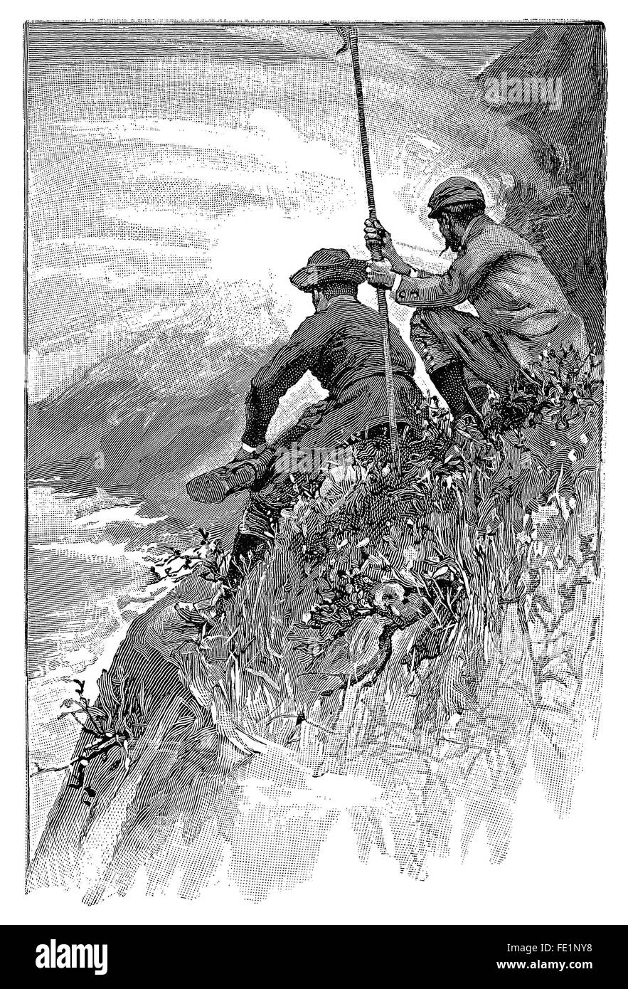 Schwarz / weiß-Gravur von zwei Kletterer an einem Berghang. Stockfoto