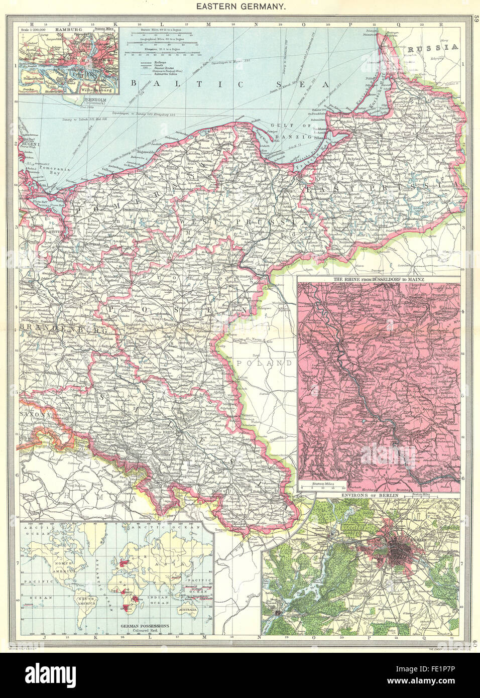 Ostdeutschland: Hamburg; Der Rhein; Berlin; Kolonien, 1907 Antike Landkarte Stockfoto