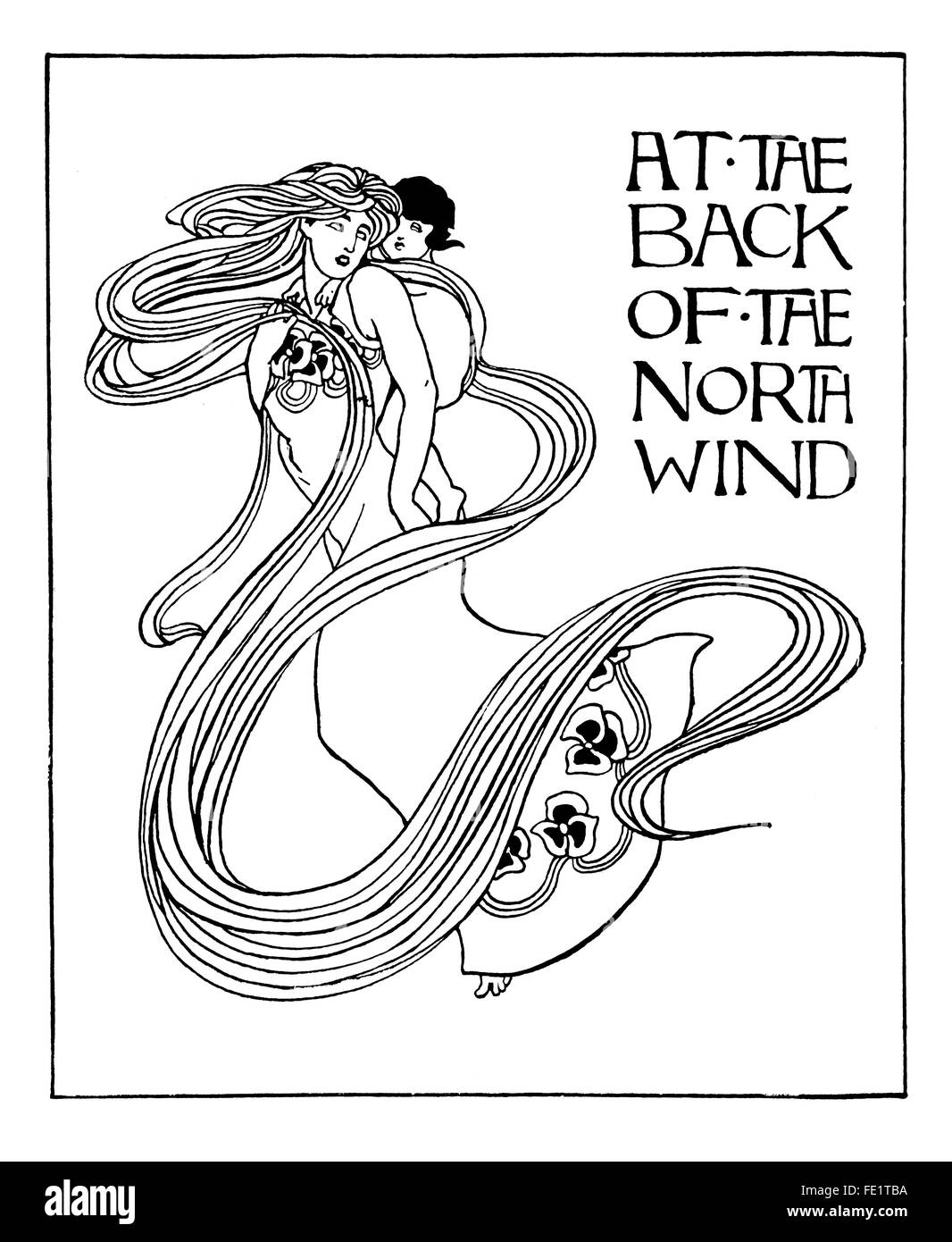 Auf der Rückseite der Nordwind, Book Cover Illustration von Enid Jackson Birkenhead Jugendstil Linie Illustration aus dem Jahr 1897 Stockfoto