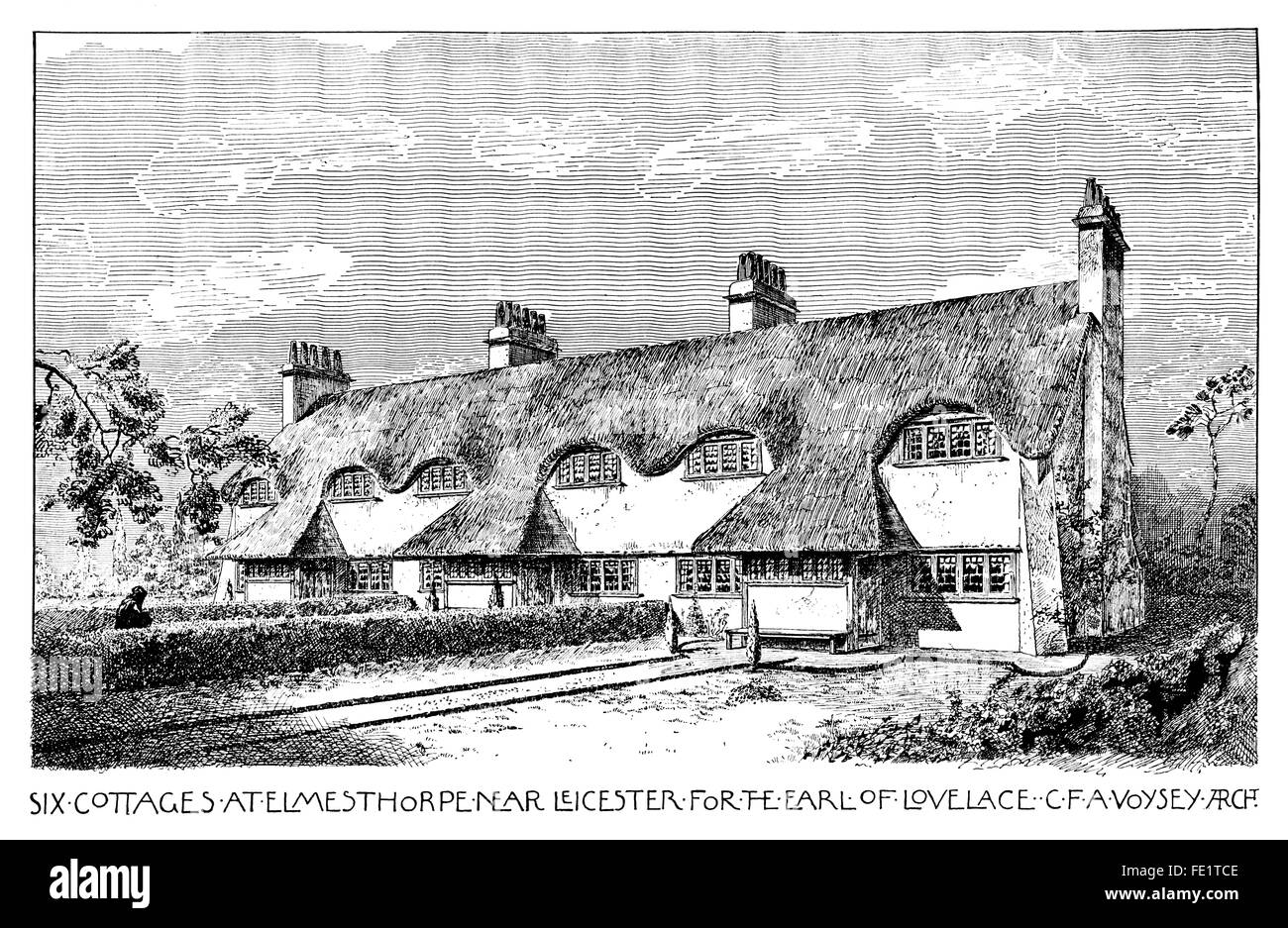 sechs Cottages im Elmesthorpe, in der Nähe von Leicester für Earl Lovelace, entworfen vom Architekten CFA Voysey, Linie Illustration aus 1 Stockfoto