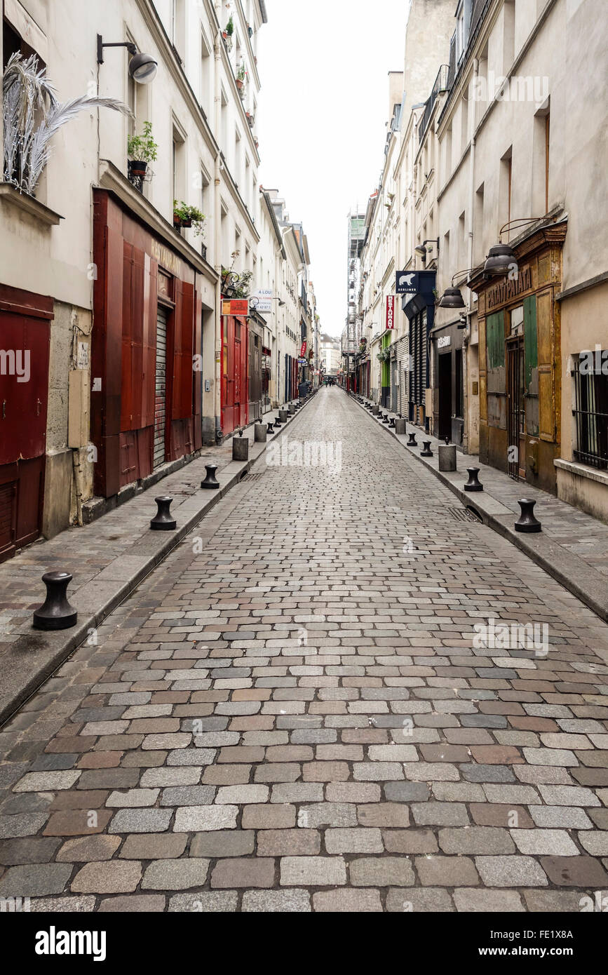 Ruhigen Rue de Lappe, Straße der tagsüber beschäftigt Nacht vor Ort, Bastille, Paris, Frankreich Stockfoto