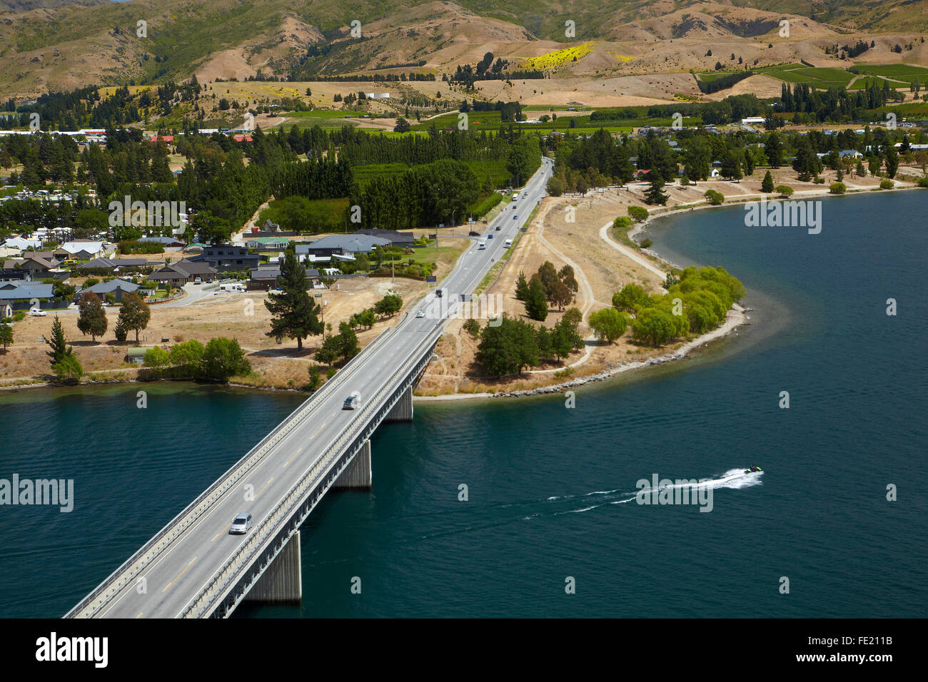 Verankerungs Point Bridge und Lake Dunstan, Cromwell, Central Otago, Südinsel, Neuseeland Stockfoto