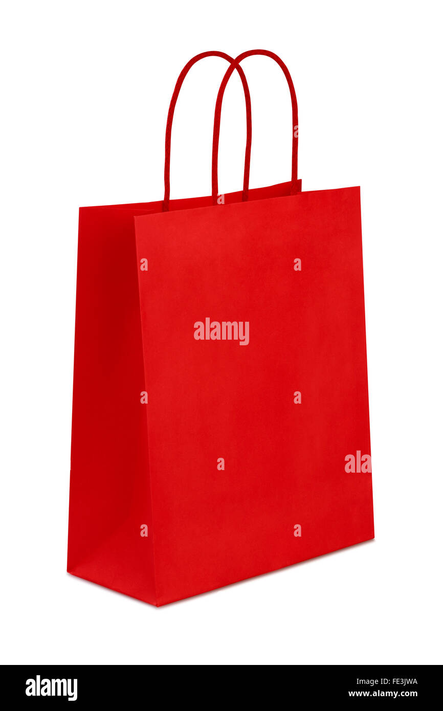 Roten Geschenktüte isoliert auf weißem Hintergrund, Clipping-Pfad enthalten. Stockfoto