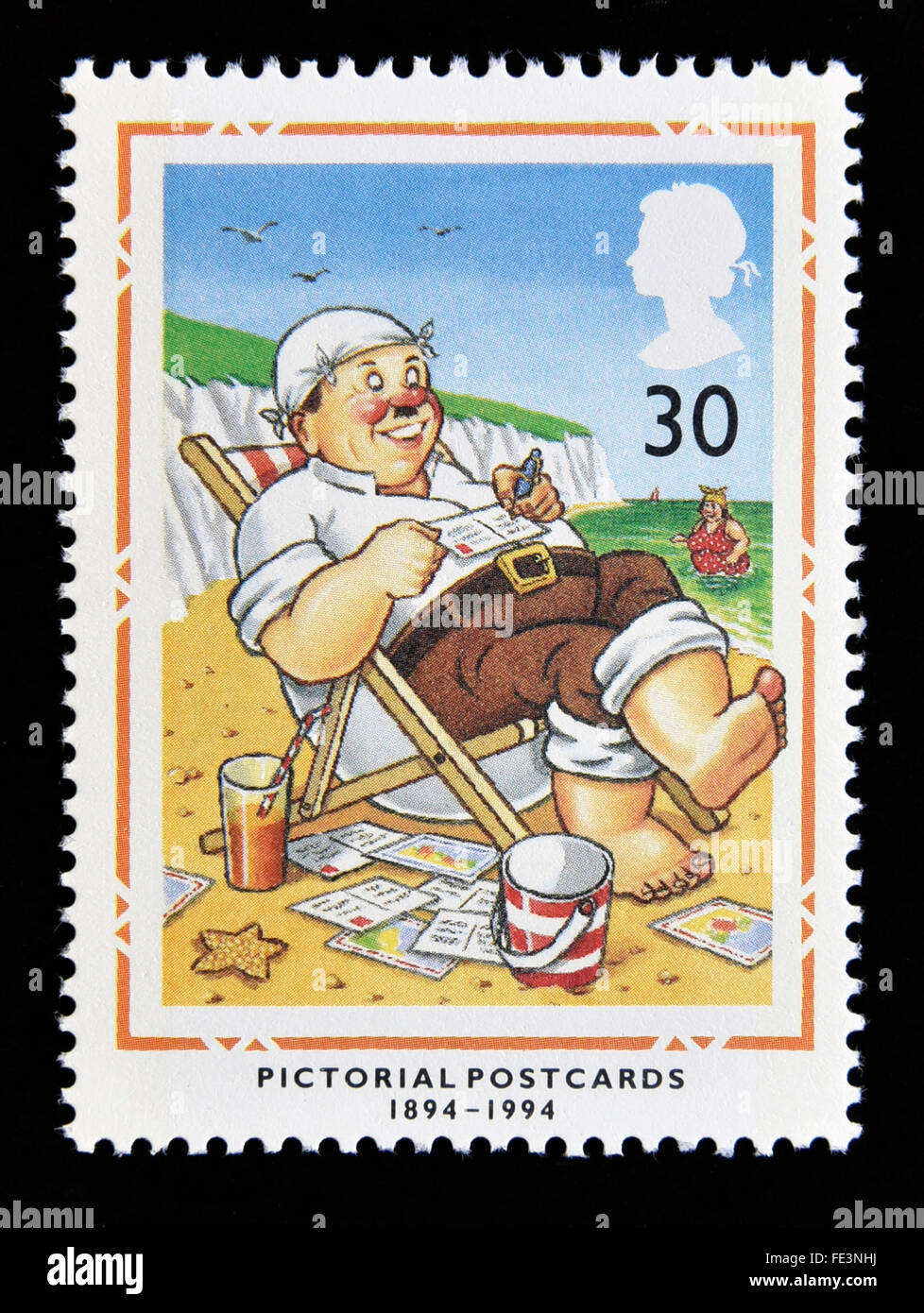 Briefmarke. Great Britain. Königin Elizabeth II. 1994. Hundertjahrfeier der bildlichen Postkarten. 1894-1994. 30p. Stockfoto