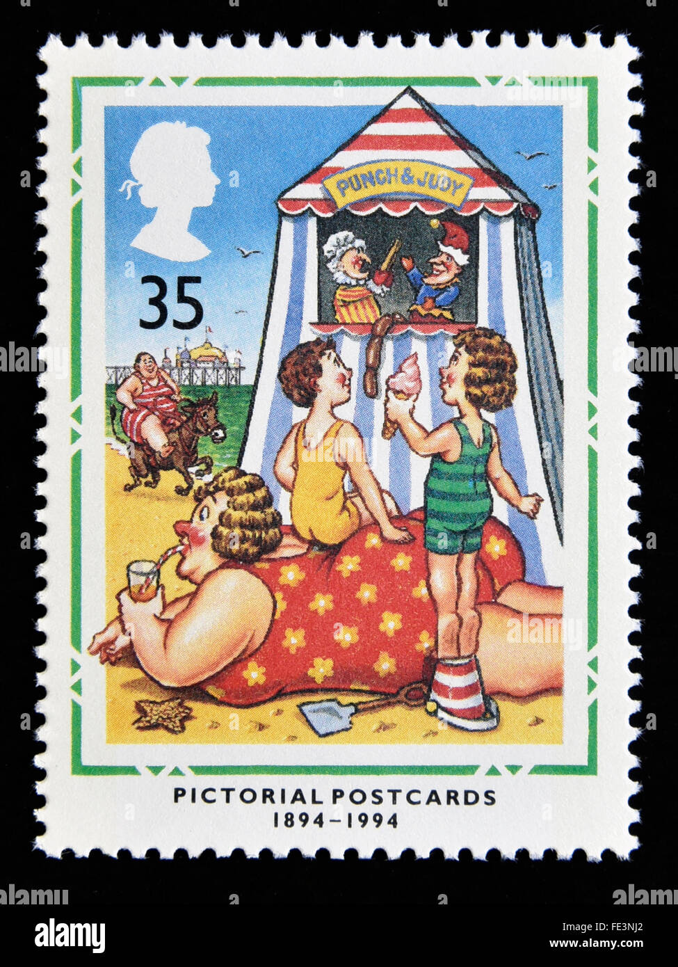 Briefmarke. Great Britain. Königin Elizabeth II. 1994. Hundertjahrfeier der bildlichen Postkarten. 1894-1994. 35p. Stockfoto