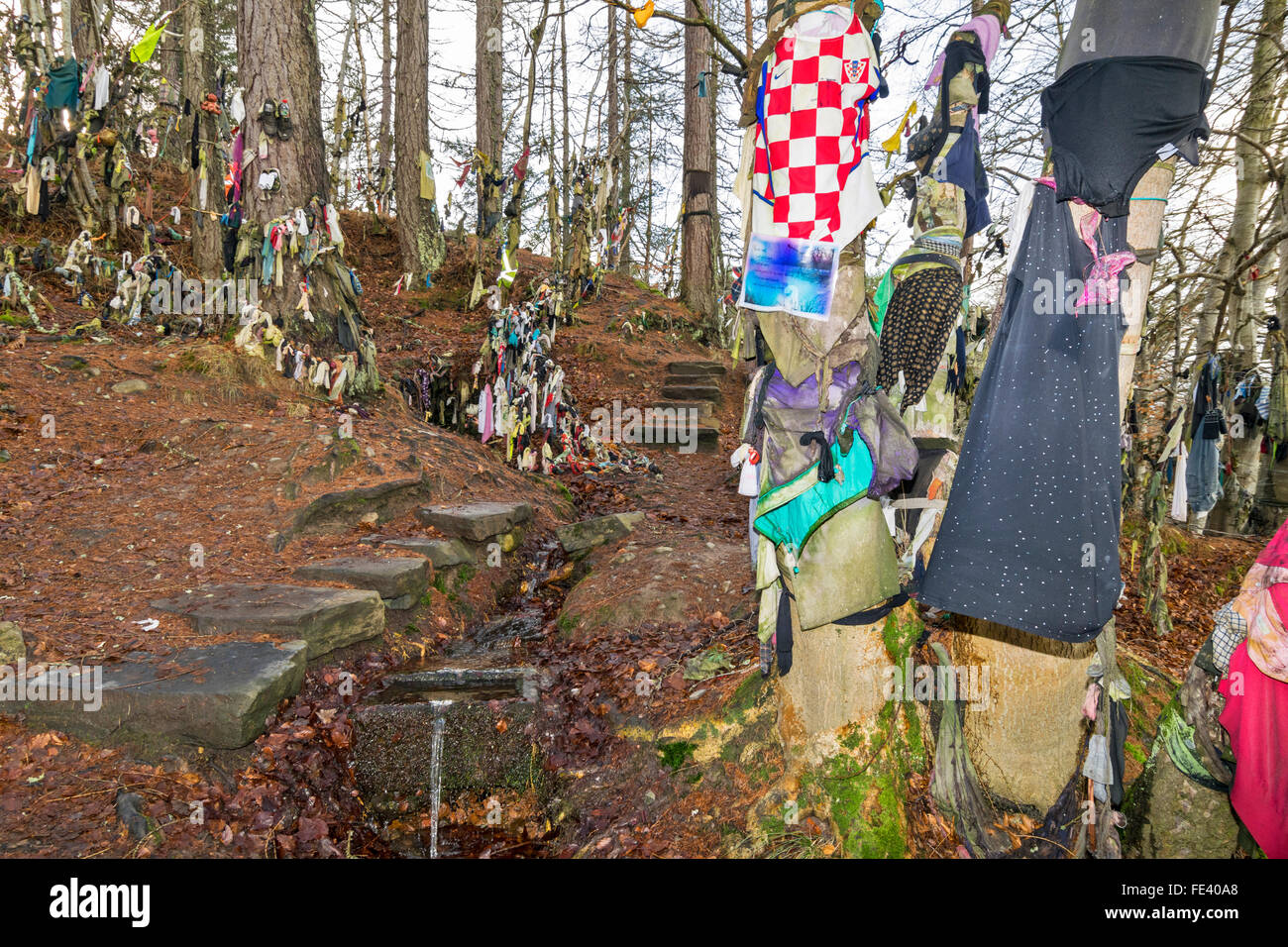 CLOOTIE GUT MUNLOCHY BLACK ISLE SCHOTTLAND KLEIDUNG RESTE AUF BAUMSTÄMMEN UND WASSER AUS DEM BRUNNEN KASKADIERUNG Stockfoto