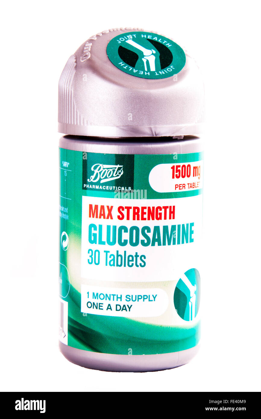 Glucosamin Tabletten Nahrungsergänzungsmittel für geschmeidige Gelenke und gesunden Knorpel ausgeschnitten Ausschnitt weißen Hintergrund isoliert Stockfoto
