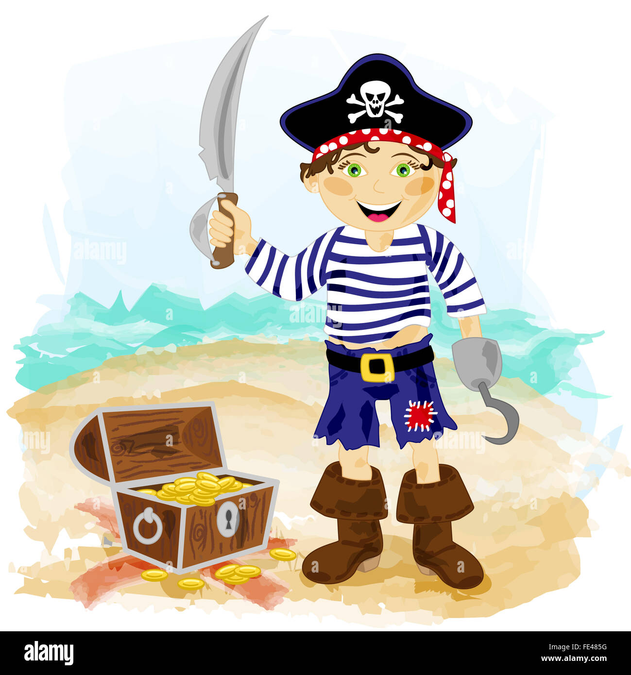 Niedlichen Cartoon Pirat Charakter mit Haken, Schwert und Schatz Brust Stockfoto