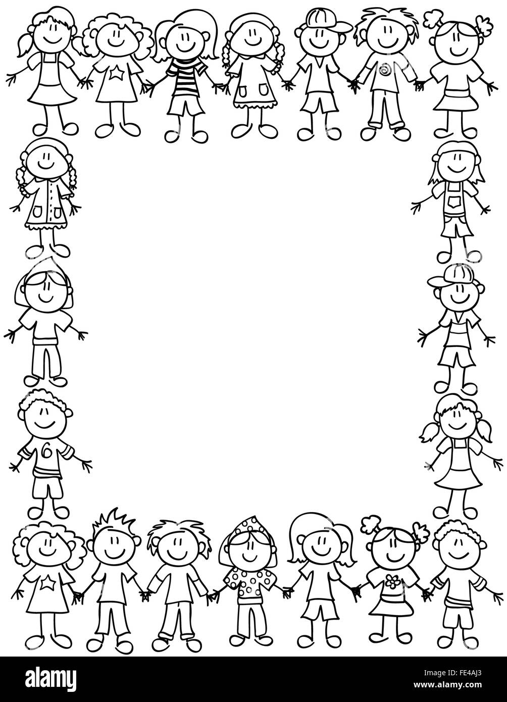 Rahmen oder Seite Grenze von niedlichen Kind Comic-Figuren, die Hand in Hand - schwarzer Umrandung Stockfoto