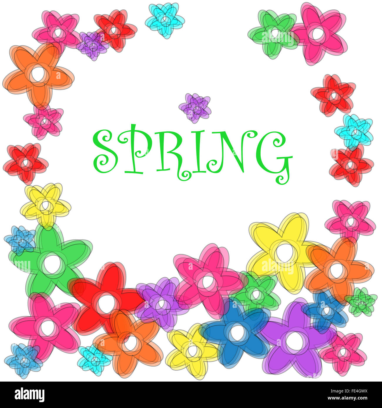 Spaß Blumenrahmen mit transparenten Blumen und Frühling in text Stockfoto