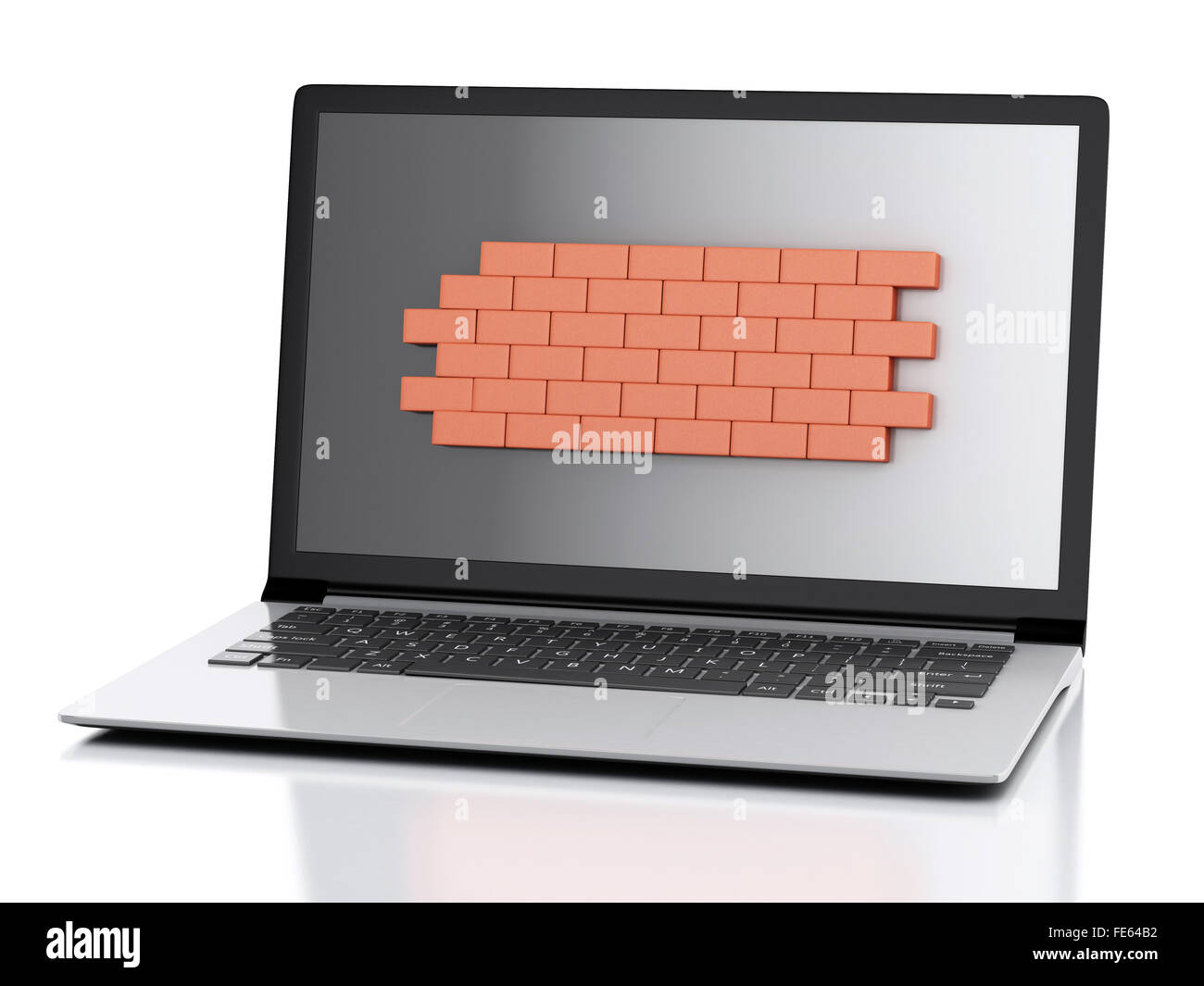 3D Renderer Bild. Laptop mit Mauer. Firewall-Konzept. Isolierten weißen Hintergrund Stockfoto