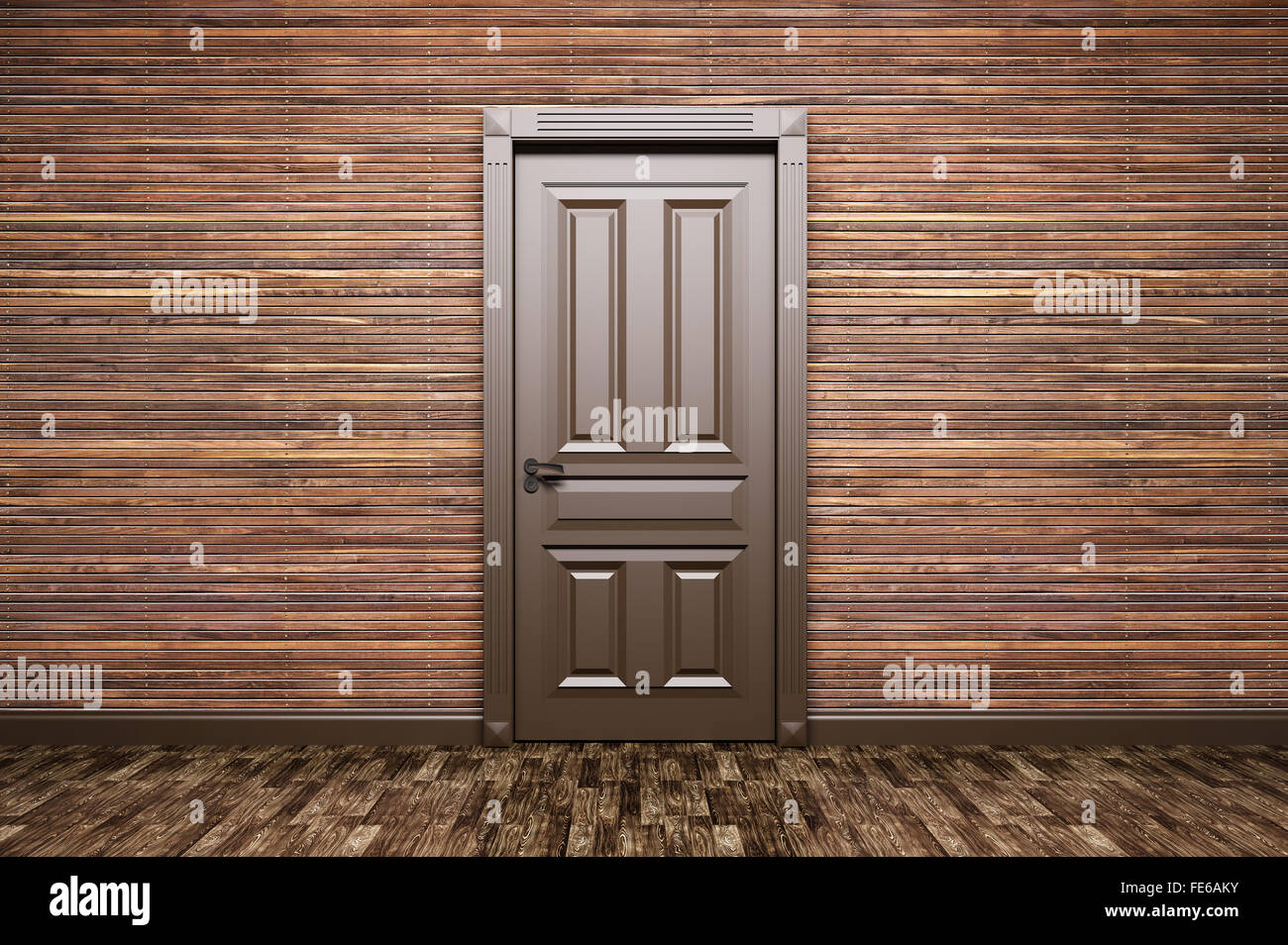 Innenraum der ein Zimmer mit klassischen, braunen Tür über Holztäfelung 3D-Rendering Stockfoto