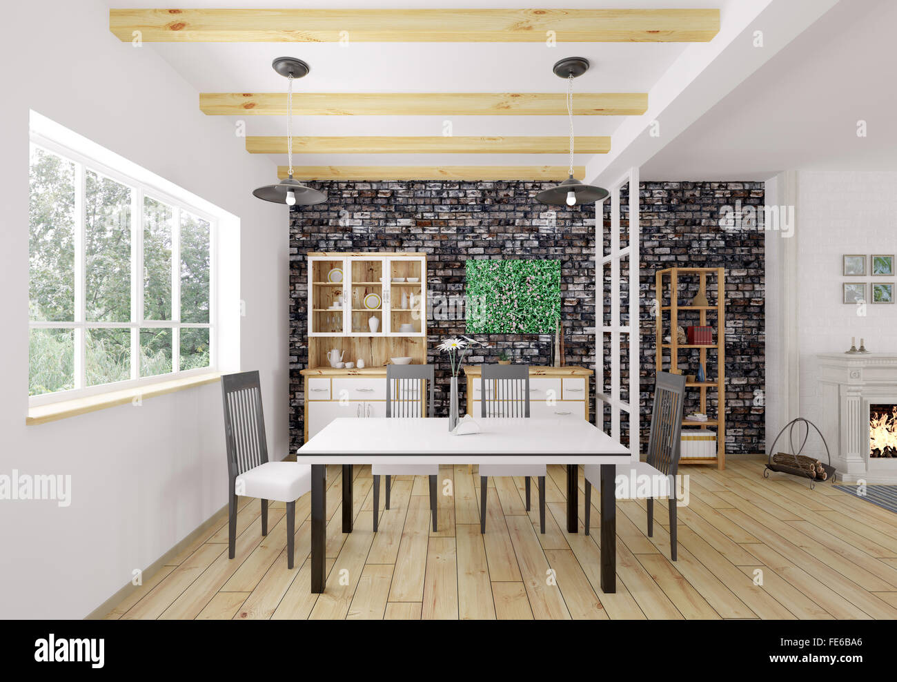 Klassische Einrichtung von Esszimmer 3D-Rendering Stockfoto