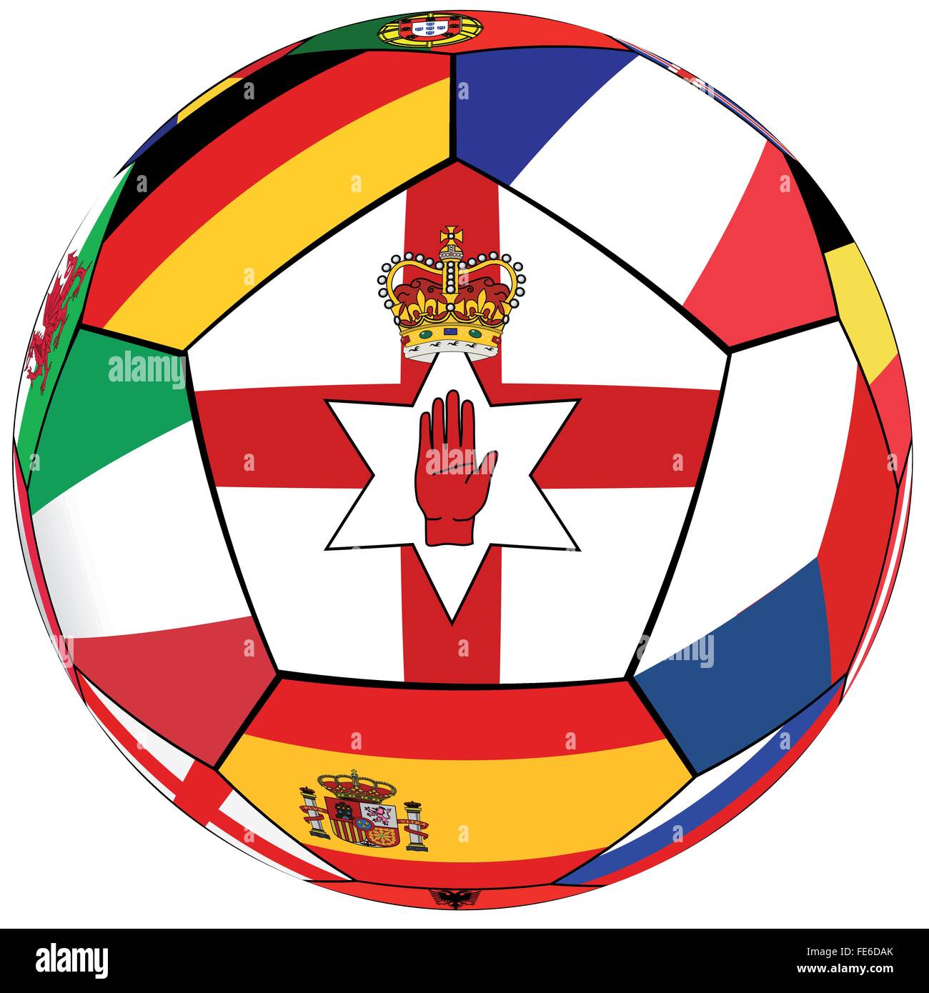 Fußball auf einem weißen Hintergrund mit Flaggen der europäischen Länder - Flagge von Nordirland in der Mitte Stock Vektor