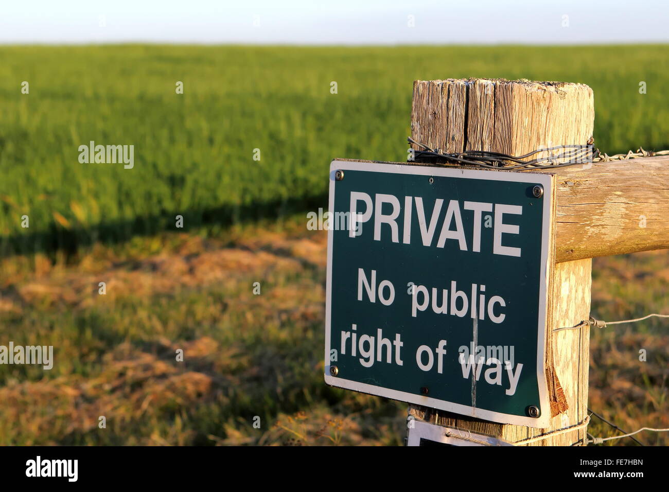 PRIVATE keine öffentlichen Weg-Zeichen auf einem Feld-Tor in der Abendsonne. Stockfoto