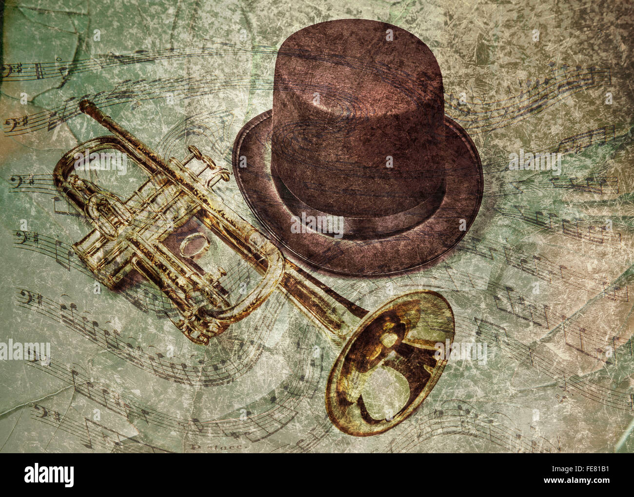 Alten Trompete und Hut mit einem strukturierten Hintergrund der wirbelnden Musiknoten. Stockfoto