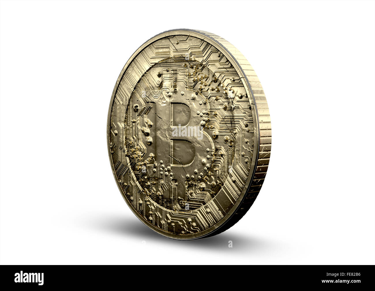 Ein Konzept zeigt eine physische golden Bitcoin Kryptographie digitale Währung Münze auf einem isolierten weißen Hintergrund Stockfoto