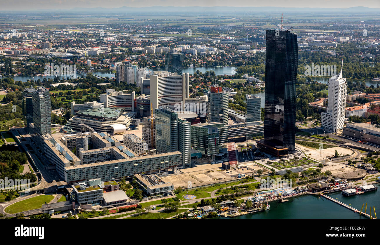 Luftaufnahme, Tech Gate Vienna, Wirtschafts- und Technology Co., Ltd., Hochhaus an der Donau, Austria Center Vienna, Wien Stockfoto