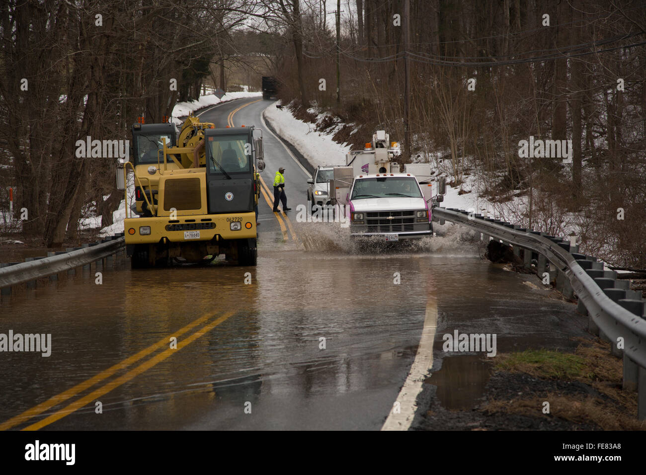 Maryland, USA. 4. Februar 2016. Hochwasser nach Schneeschmelze vom Wintersturm Jonas, Washington DC-Bereich, "Snowzilla", Januar 2016, windet sich bis zu 75 km/h, mehr als 30 Menschen getötet, bis zu 42 Zoll von Schnee, Frederick County, Maryland Credit: John Cancalosi/Alamy Live News Stockfoto