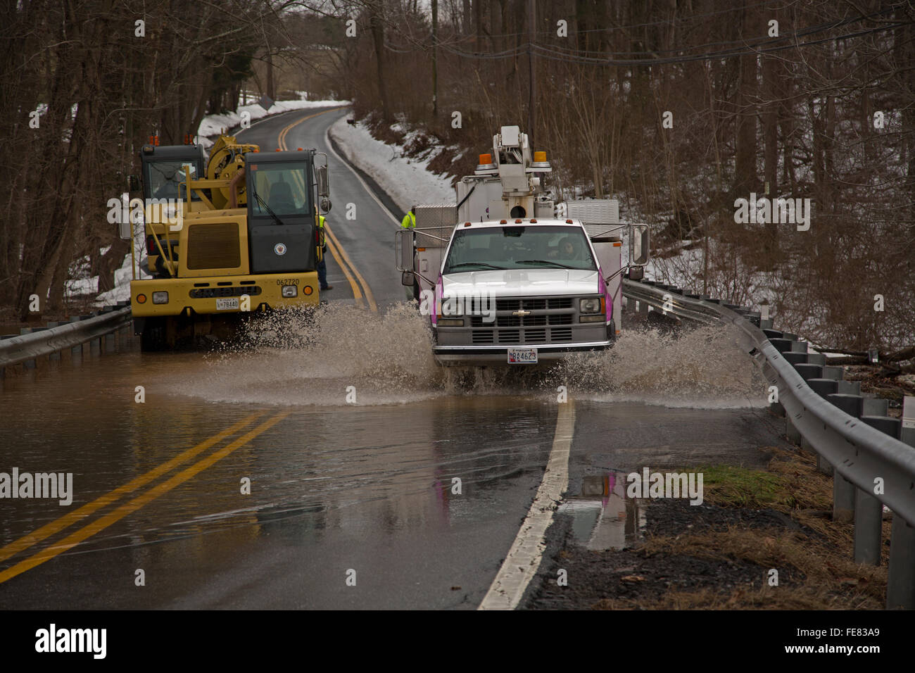 Maryland, USA. 4. Februar 2016. Hochwasser nach Schneeschmelze vom Wintersturm Jonas, Washington DC-Bereich, "Snowzilla", Januar 2016, windet sich bis zu 75 km/h, mehr als 30 Menschen getötet, bis zu 42 Zoll von Schnee, Frederick County, Maryland Credit: John Cancalosi/Alamy Live News Stockfoto