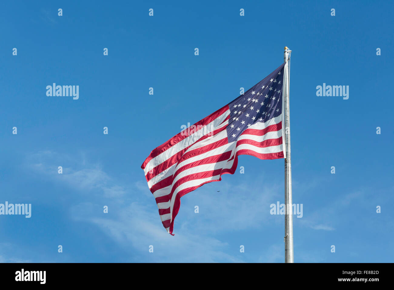 Große US-Flagge "Old Glory" weht ein starker Wind auf einem blauen Himmel Stockfoto