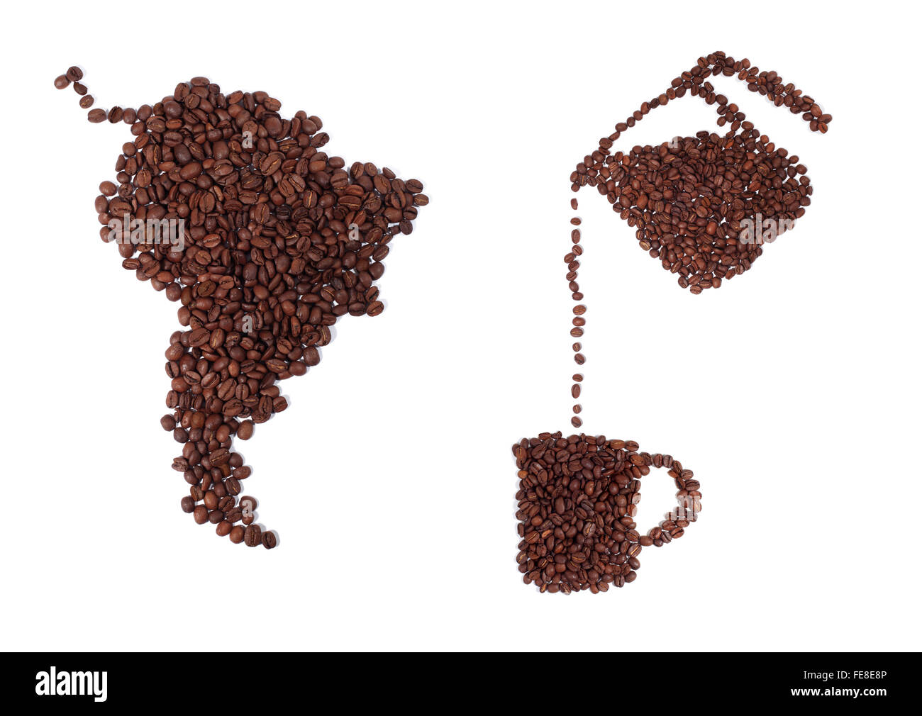 Karte von Südamerika mit einem Pott Kaffee und Tasse des frisch gerösteten Kaffeebohnen hergestellt Stockfoto