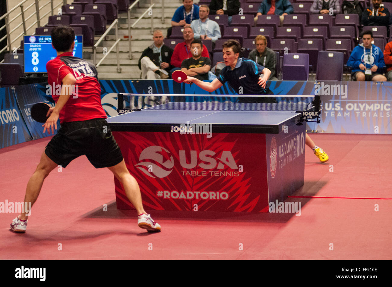 Greensboro, North Carolina, USA. 4. Februar 2016. 4. Februar 2016 - Greensboro, N.C., USA - SHARON ALGUETTI kehrt eine dienen gegen TIMOTHY WANG in der Herren Finale bei den 2016 US olympischen Tischtennis Prozessen. WANG, bei 2012 Olympier, besiegte ALGUETTI in vier von sechs Spielen um einen Platz auf der 2016 US-Olympia-Team zu verdienen. Die ersten drei Männer und Frauen aus den Studien weiter zu konkurrieren im April 2016 Nordamerika Olympia-Qualifikation Turnier in Ontario, Kanada. Aug. 5-21 findet den Olympischen Spielen 2016 in Rio De Janeiro, Brasilien, statt. © Timothy L. Hale/ZUMA Draht/Alamy Live-Nachrichten Stockfoto