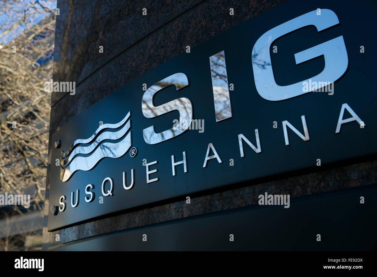 Ein Logo Zeichen außerhalb der Hauptsitz der Susquehanna International Group in Bala Cynwyd, Pennsylvania am 3. Januar 2016. Stockfoto