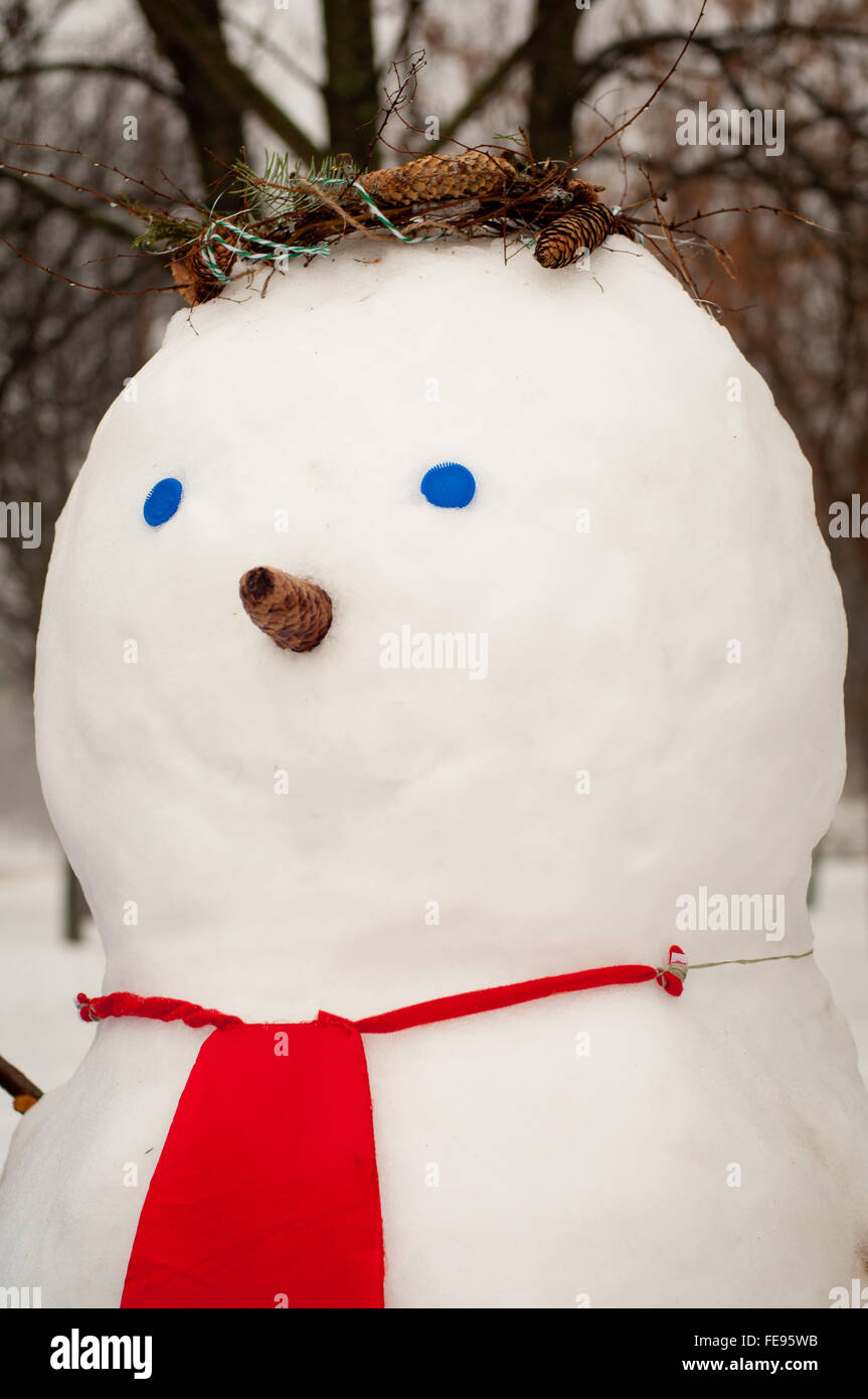 niedlichen Schneemann mit roter Krawatte, blaue Augen und Tannenzapfen Stockfoto