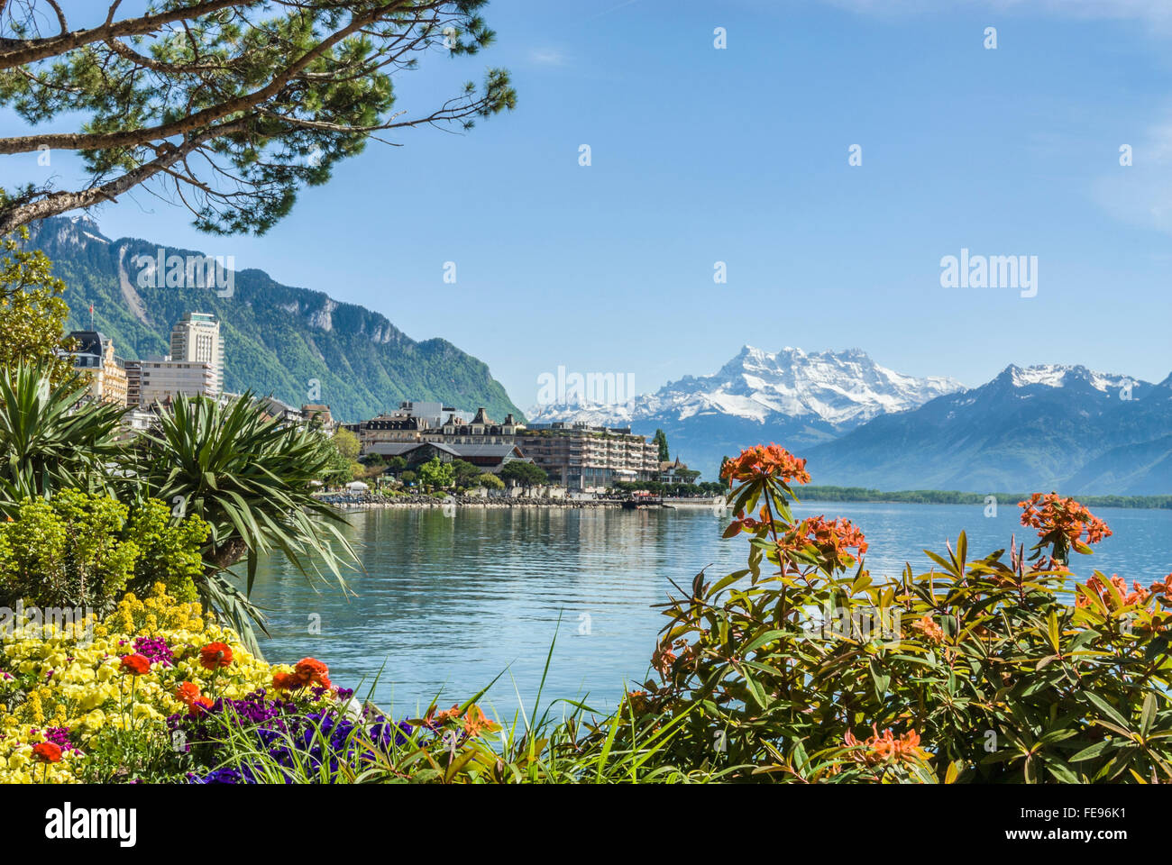 Frühlingsblumen am Quai des Fleures, Montreux, Genfersee, Schweiz Stockfoto