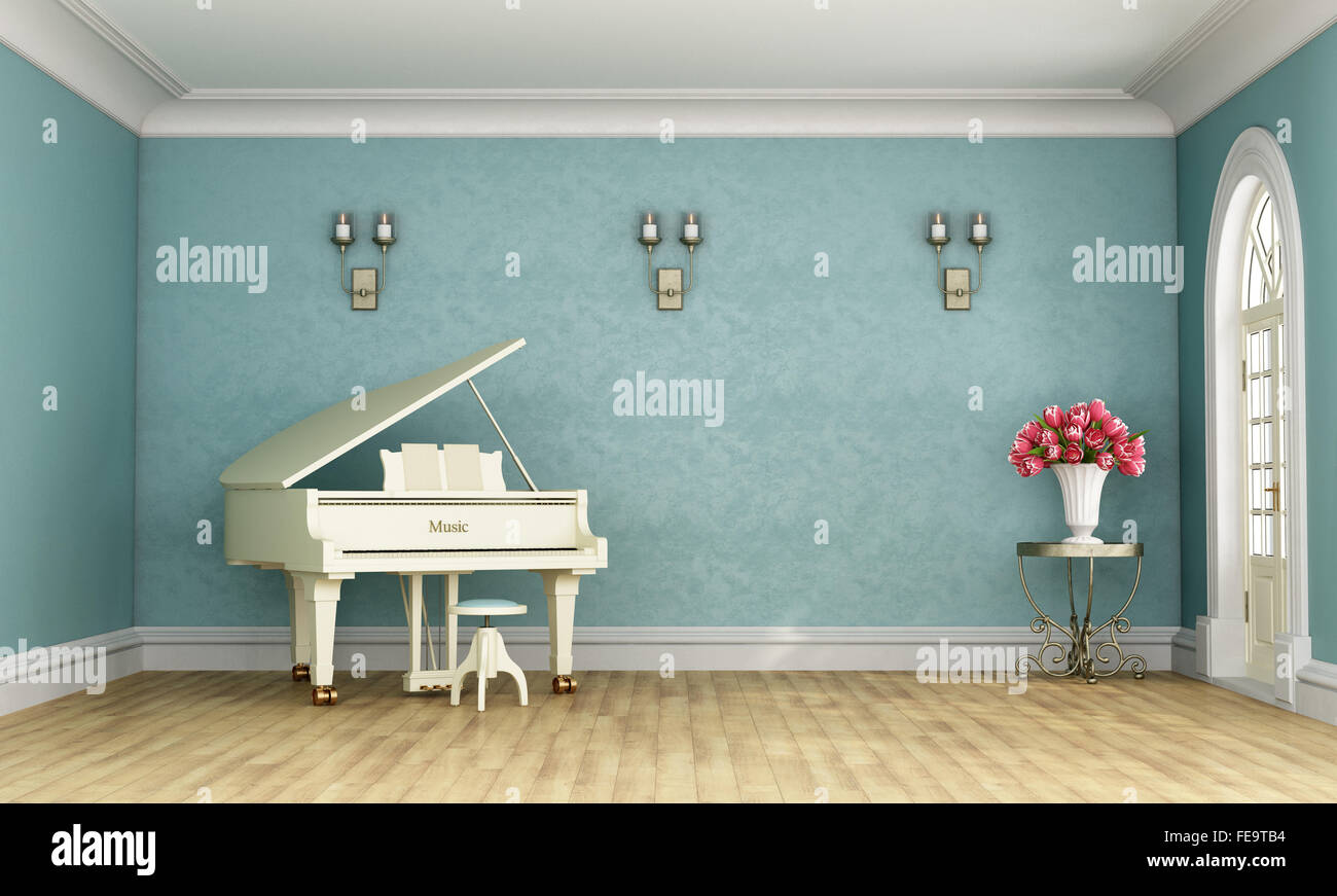 Musikzimmer im klassischen Stil mit blauen Wand und weißen Flügel - 3D Rendering Stockfoto