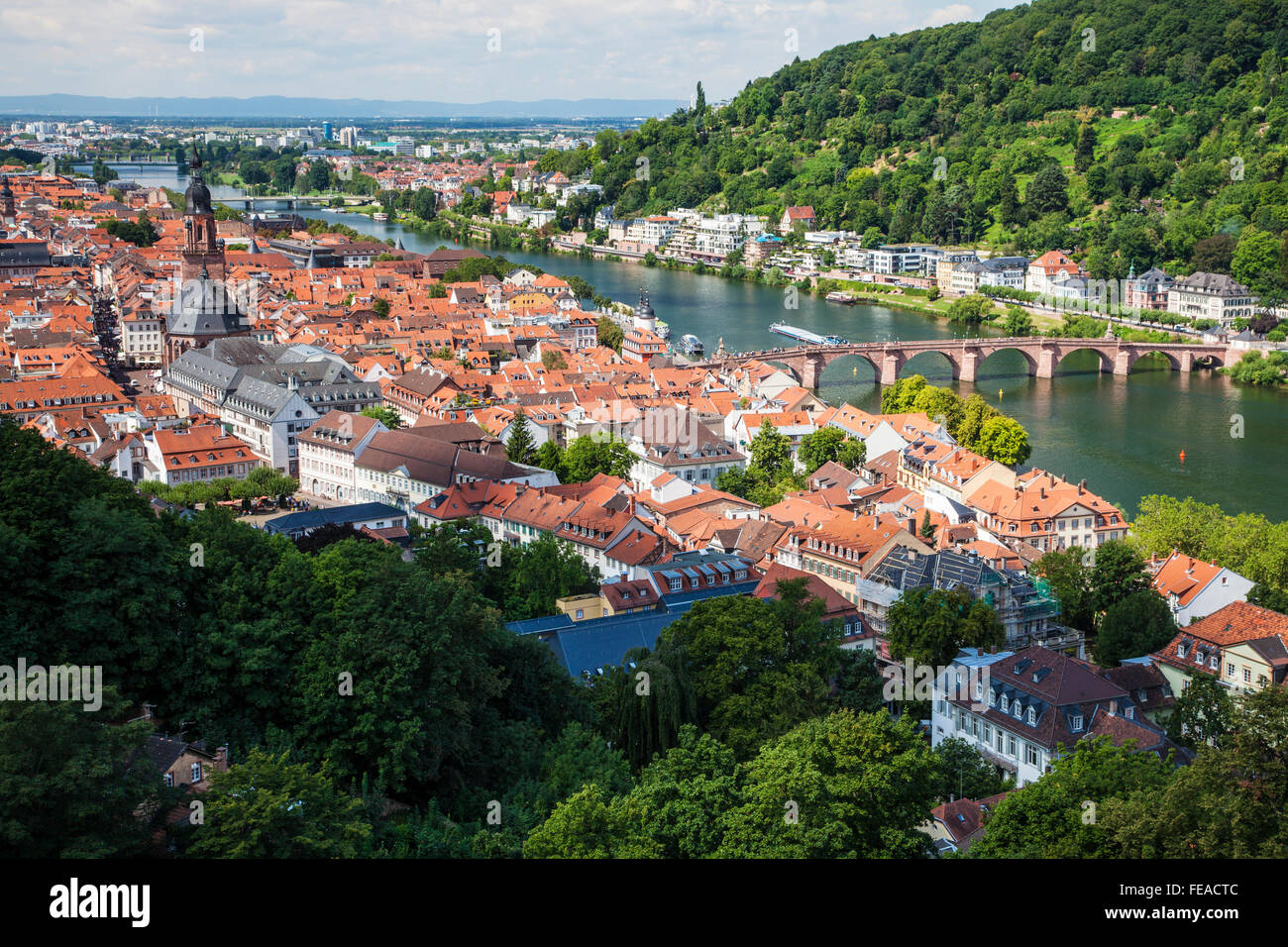Blick von der Burg über den Neckar, die Kirche des Heiligen Geistes und die Altstadt von Heidelberg. Stockfoto