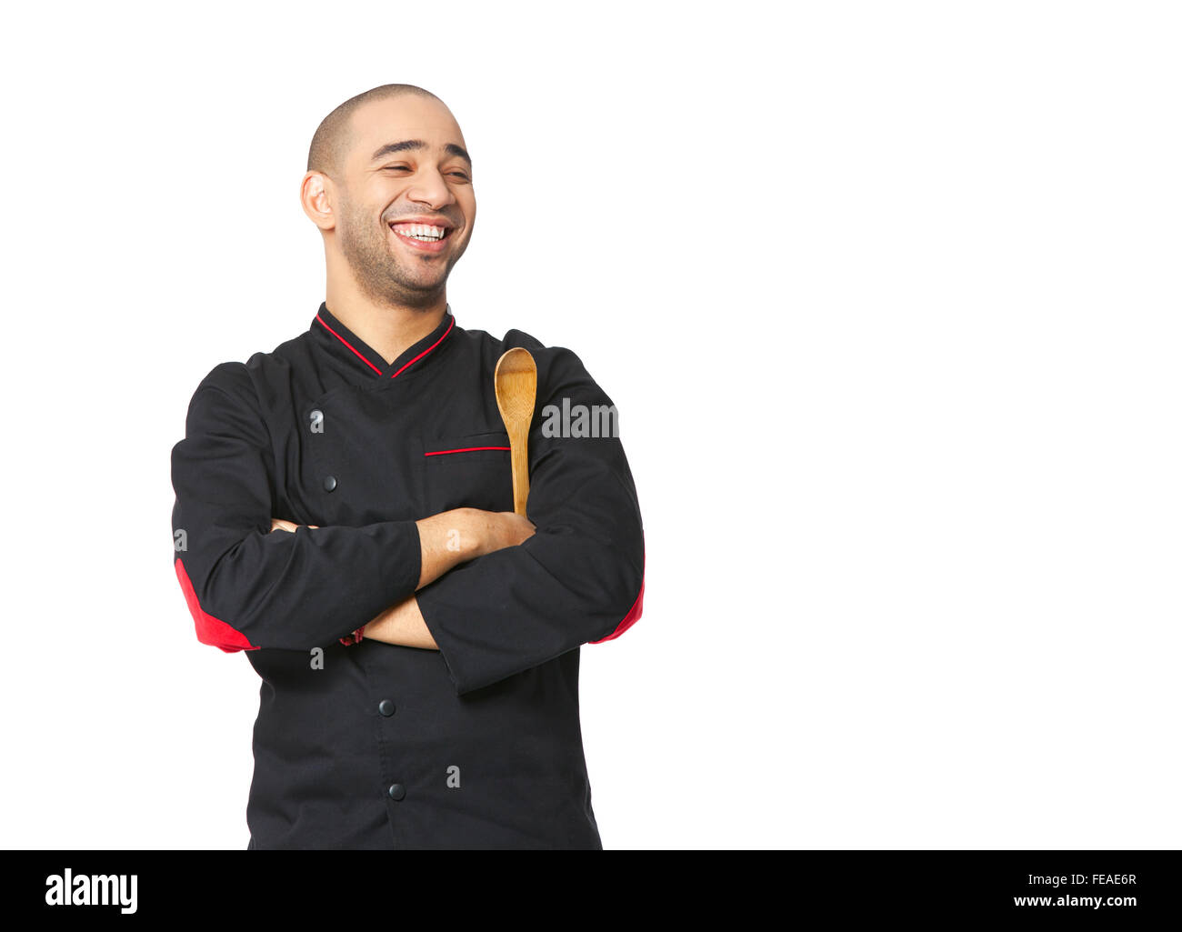 Porträt von glücklich Afro amerikanischen professioneller Koch auf weiß isoliert. Stockfoto