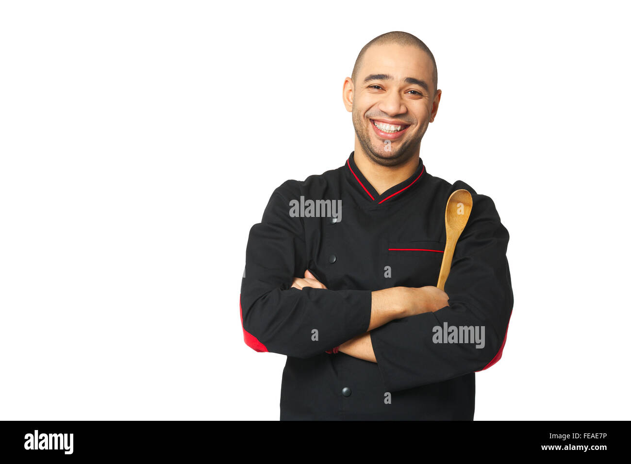 Porträt von glücklich Afro amerikanischen professioneller Koch auf weiß isoliert. Stockfoto