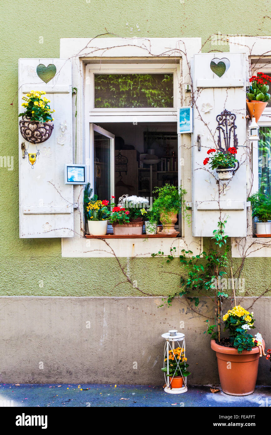 Ein hübsches Fenster mit Blumentöpfen und Fensterläden aus Holz in der Altstadt von Heidelberg. Stockfoto
