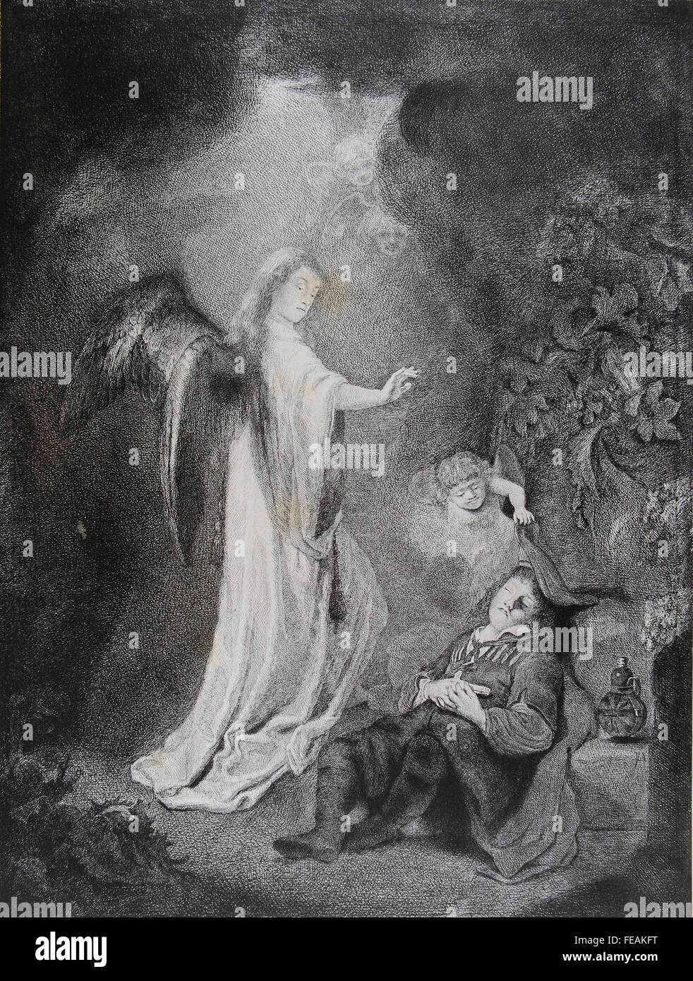 Der Traum Jakobs, von Ferdinand Bol, Radierung von N. Maffaloff. Stockfoto