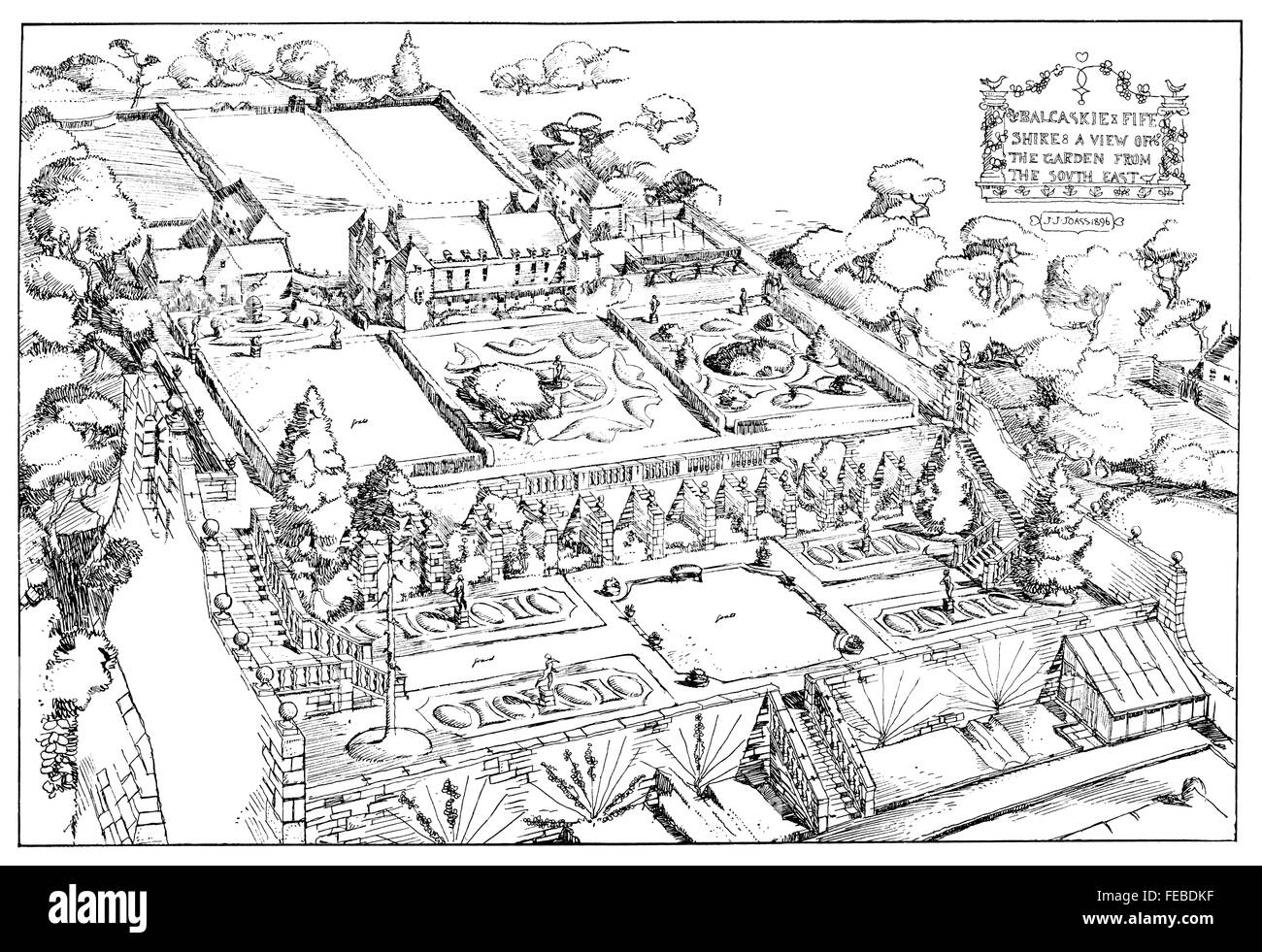 Großbritannien, Schottland, Fife, Balkaskie Land Haus formalen Garten, aus Süd-Ost, erhöhte Linie Illustration von John J Joass Stockfoto