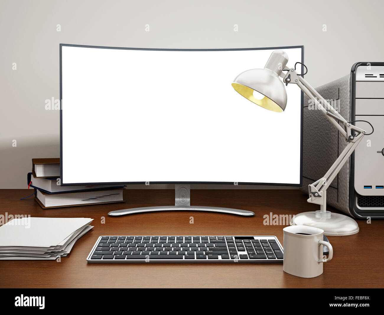 Desktop-PC mit leeren Bildschirm auf Schreibtisch stehen. Stockfoto